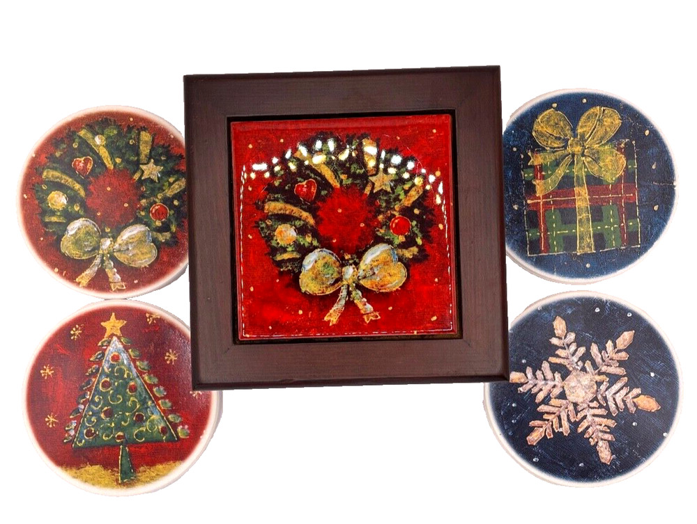 Vintage Christmas Holiday Ceramic Coasters in Decorative Tile Wood Box- USED
